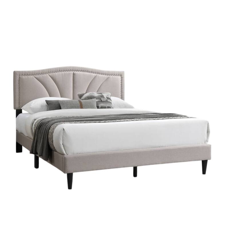 Reo Queen Size Bed, Light Brown Burlap Upholstered Curved Headboard