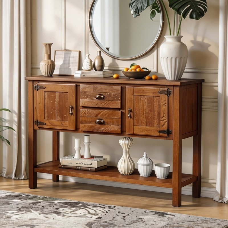 Solid Wood Sideboard Console Table with Drawers Cabinets and Bottom Shelf