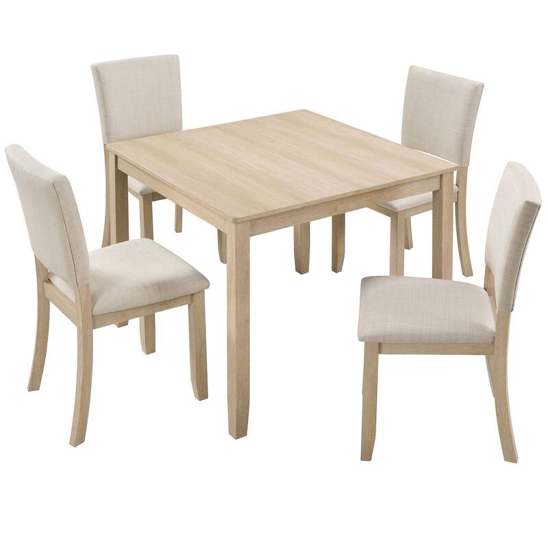 Modern Dining Table Set with Linen-Padded Seats and Backrests, for Living Rooms Kitchens, 4-Piece Set, Light Oak + Beige
