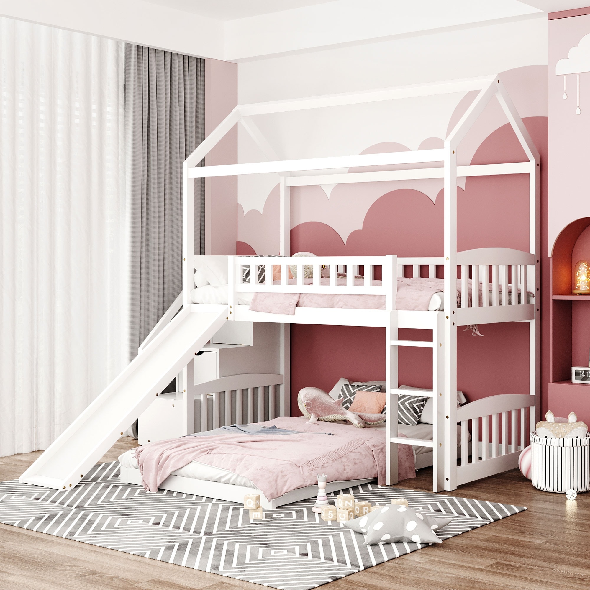 Girls bunk bed with stairs top