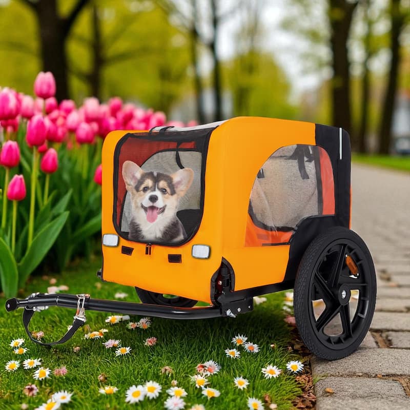 Heavy Duty Collapsible Pet Bike Trailer with 16" Wheels, Foldable Dog Bicycle Carrier Cart with Hitch & Reflectors - Black Orange