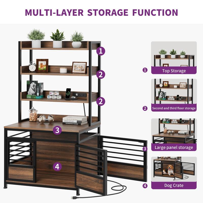Dog Crate Furniture with Storage Shelves And Charging Station