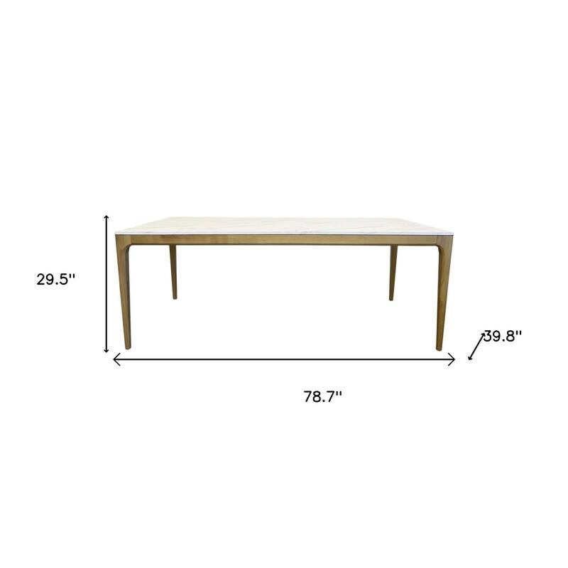 HomeRoots 79" White and Oak Faux Marble and Wood Dining Table - 78.70 in. x 29.50 in. x 39.80 in.