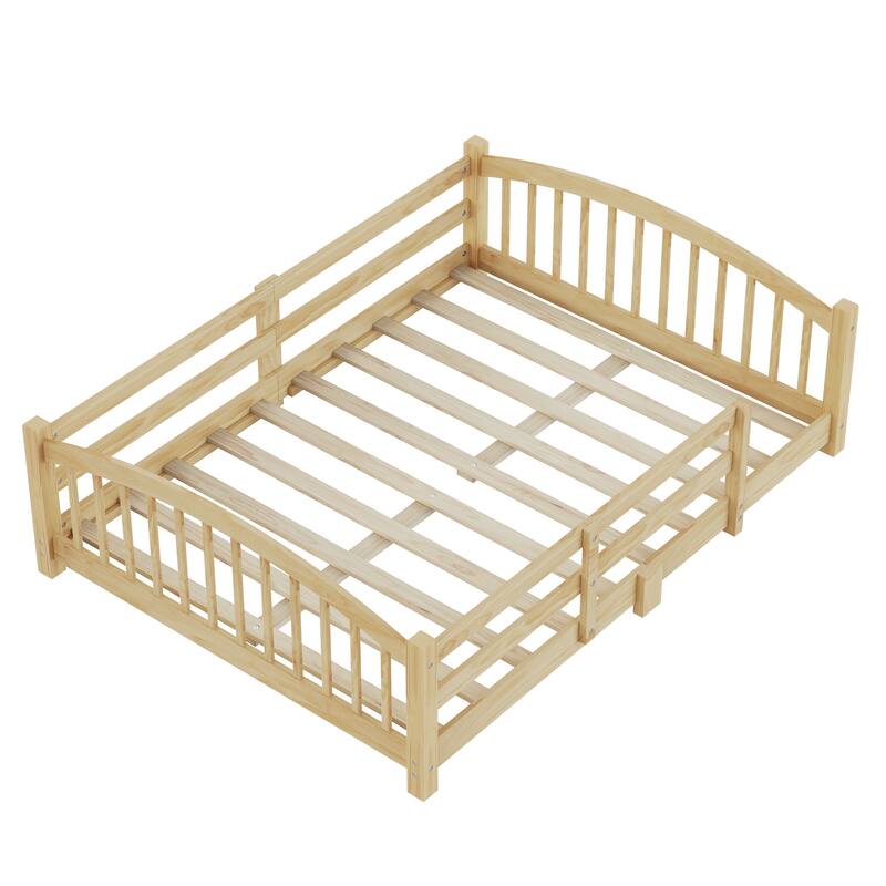 Montessori Floor Bed with Fence - Full/Twin Solid Wood, Slats & Safety Guardrails, Easy Assemble