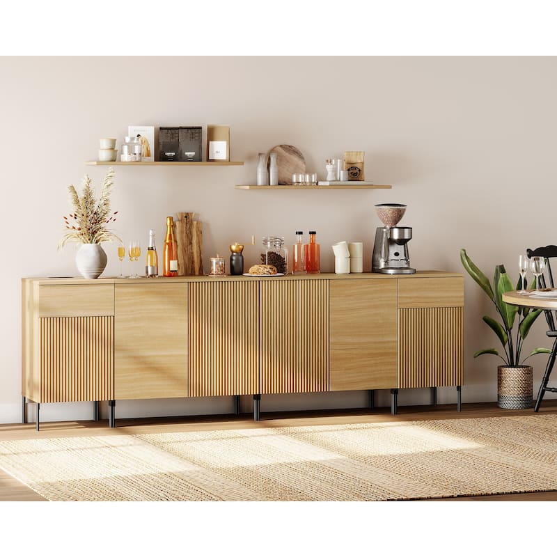 94.5" Modern Reeded 4-Door Sideboard With Charging, 4-In-1 Wooden Credenza Storage Cabinet