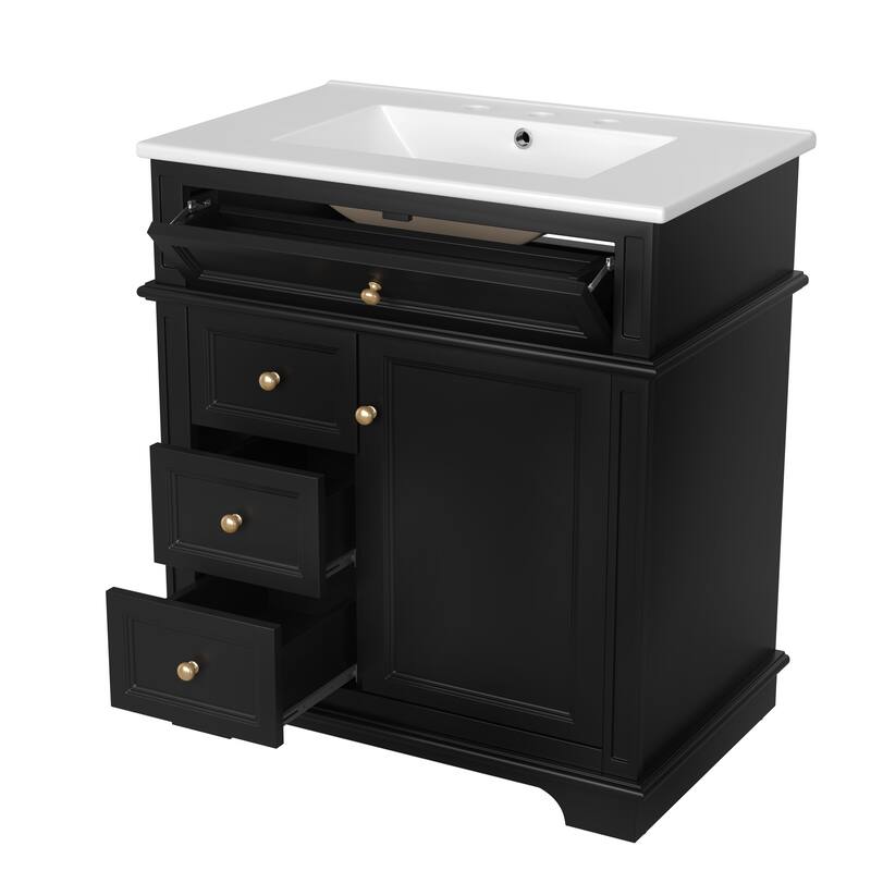 30" Bathroom Vanities with Ceramic Sink Set, Tip-Out Drawers, Storage Cabinet with Door Shelf and Soft-Closing Doors