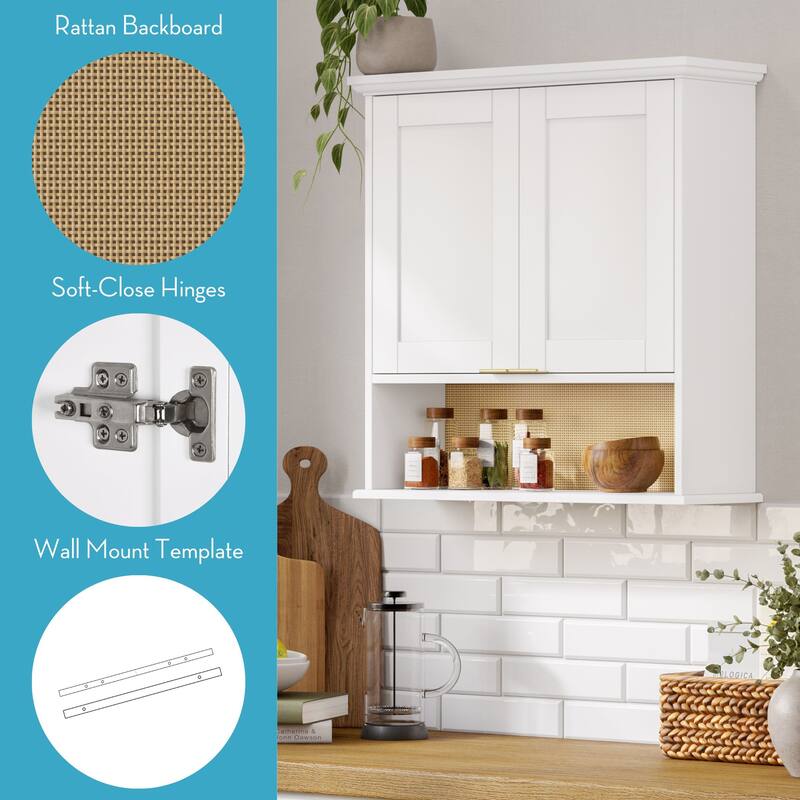 Two-Door Kitchen Wall Cabinet with Rattan Backboard - White