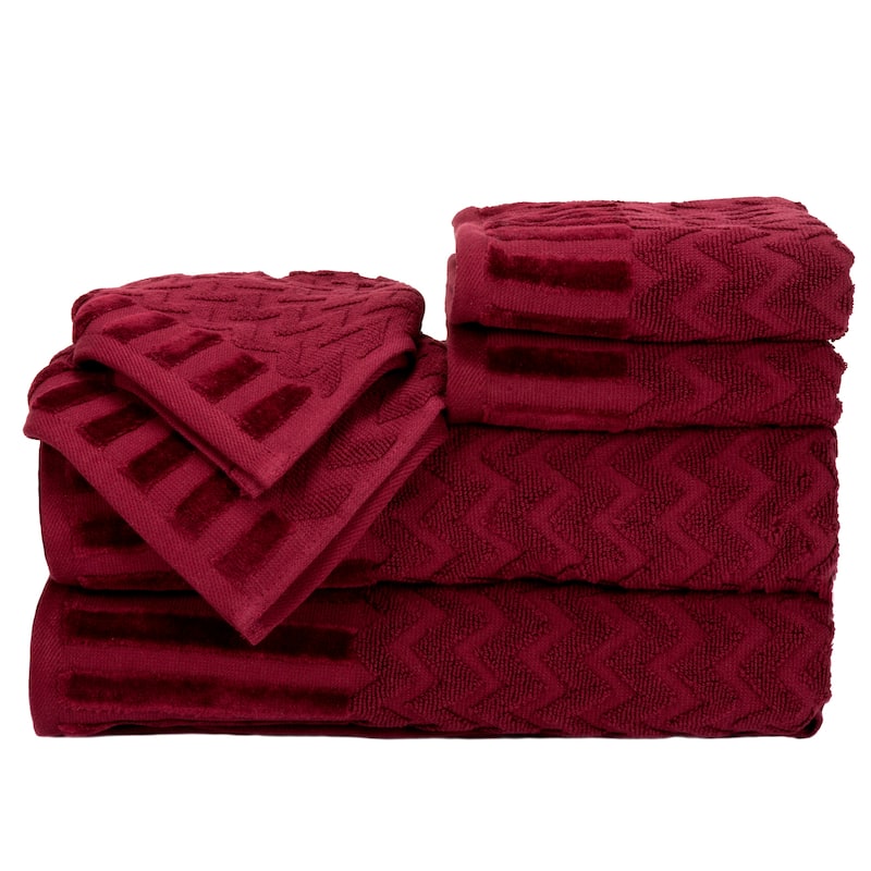 6-Piece Cotton Deluxe Plush Bath Towel Set – Chevron Patterned by Windsor Home - Burgundy