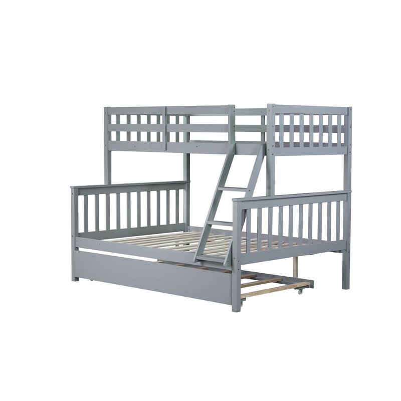 Convertible Twin Over Full Bunk Bed with Trundle, Detachable Ladder and Guardrail, Grey