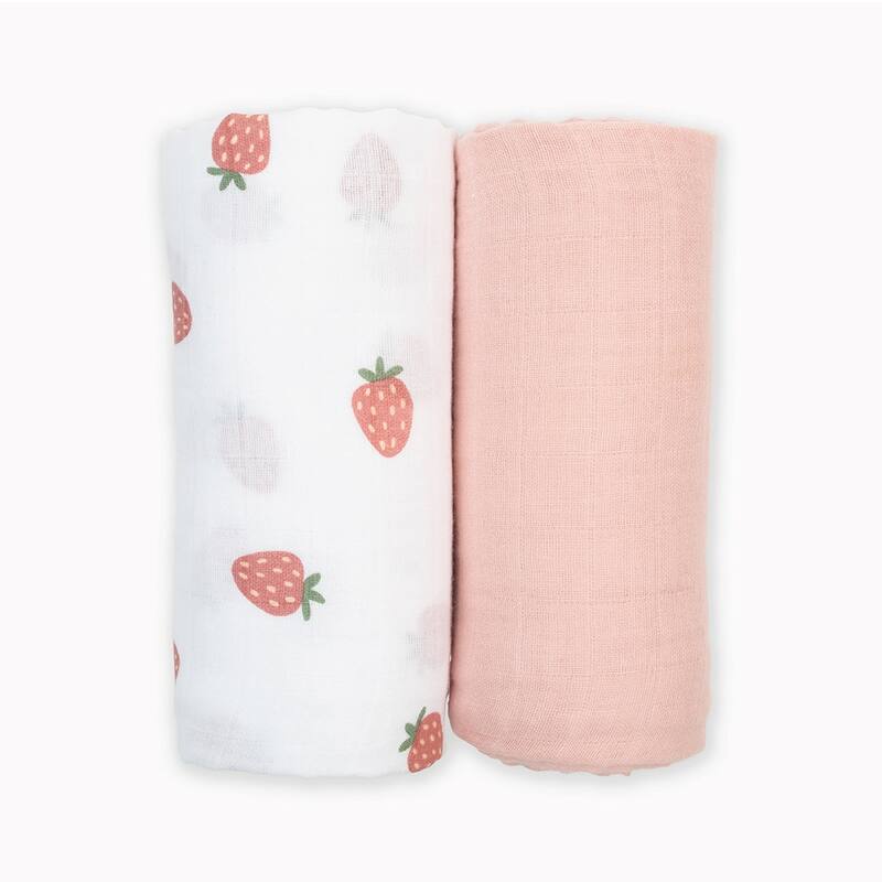 lulujo 2 PK Muslin Swaddling Blankets - Strawberries / Ballet Slipper