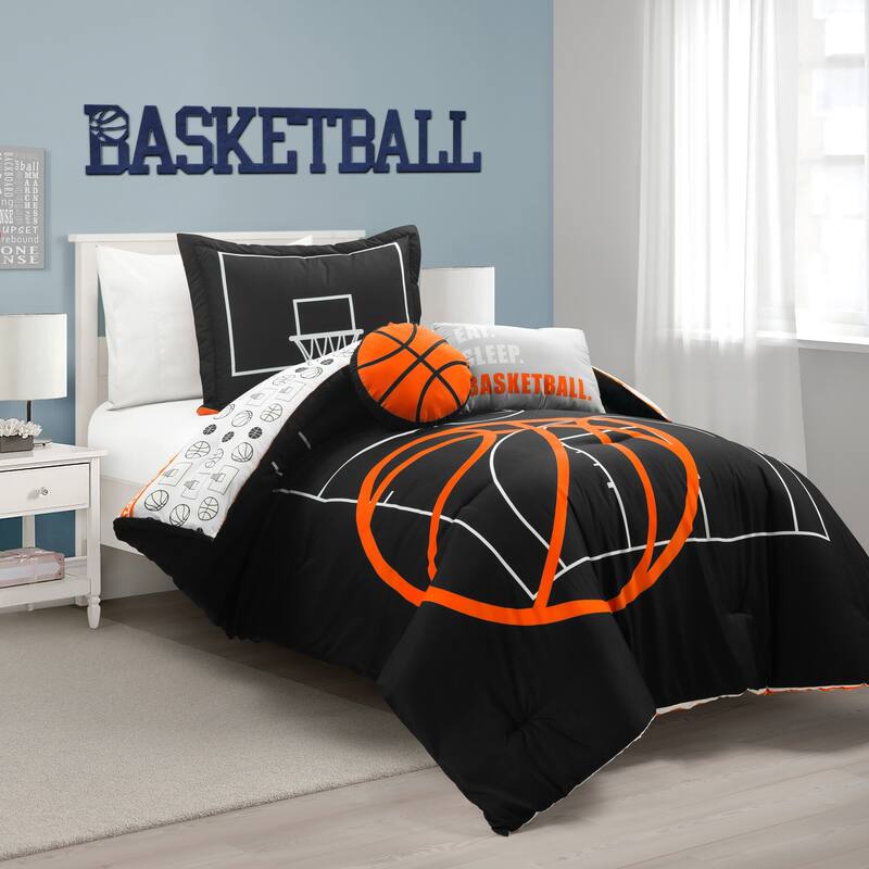 Lush Decor Basketball Game Reversible Oversized Comforter Set -  Black/Orange - Twin