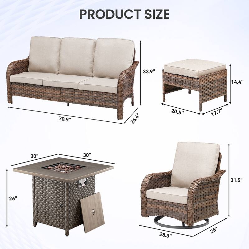 Pocassy Patio Funiture Sofa Swivel Chair Ottoman with Fire Table Set