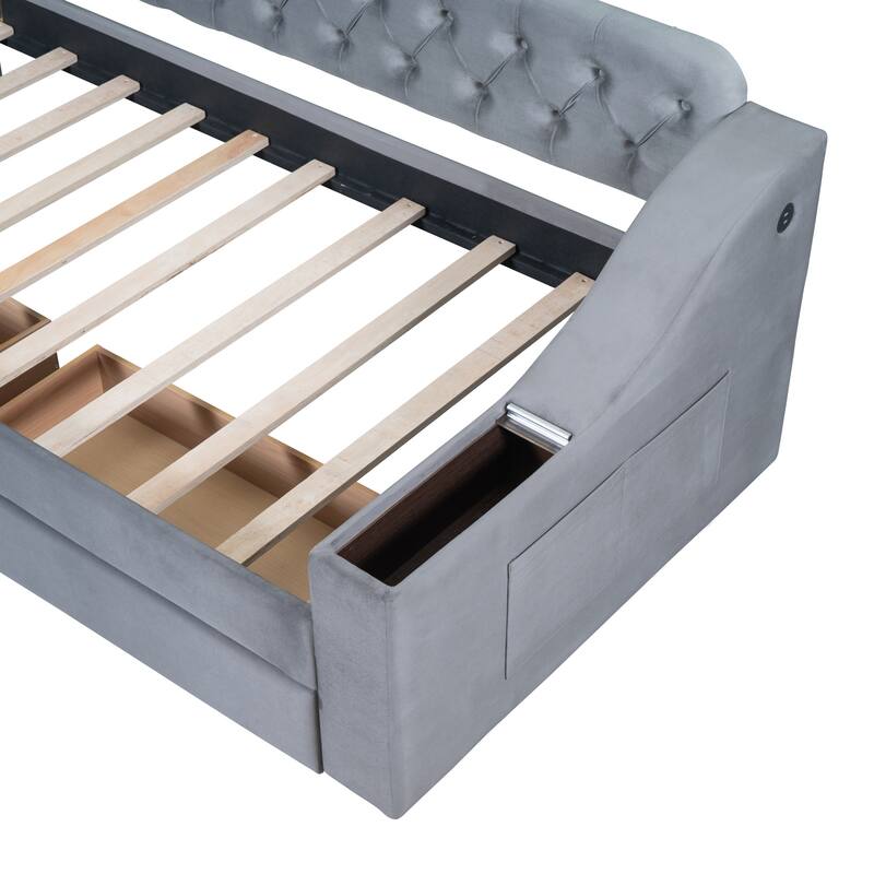 Twin Size Upholstered Daybed w/ 2 Storage Armrests, Drawers, USB Ports