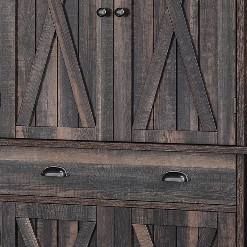 Farmhouse Kitchen Storage Pantry Cabinet with with 4 Barn Doors and Large Drawer & Adjustable Shelves