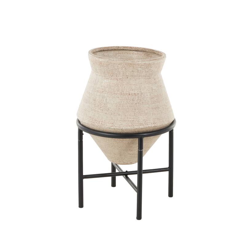 Metal Wide Vase with Black Metal Stands - Beige or Brown - Roche River Decor