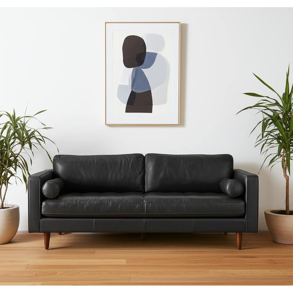 HomeRoots 88" Black Leather Sofa And Toss Pillows With Brown Legs