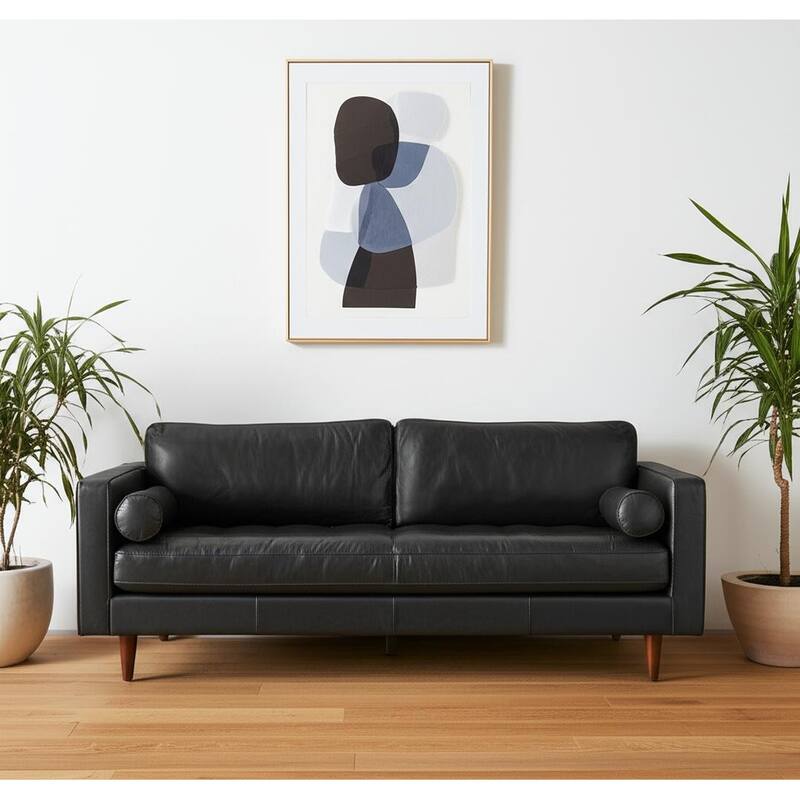 HomeRoots 88" Black Leather Sofa And Toss Pillows With Brown Legs - Black