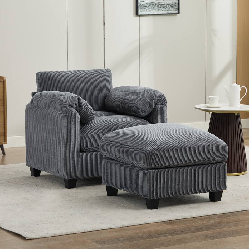 Multi-Seater Corduroy Sectional Sofa, Modular Settee, Included Removable Ottomans - 1 Seat & 1 Ottoman - Basalt Grey