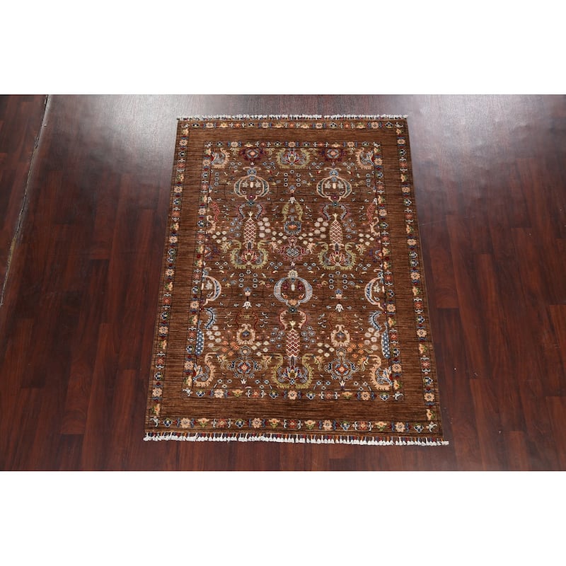 Vegetable Dye Floral Ziegler Oriental Area Rug Wool Handmade Carpet - 5'0" x 6'7"