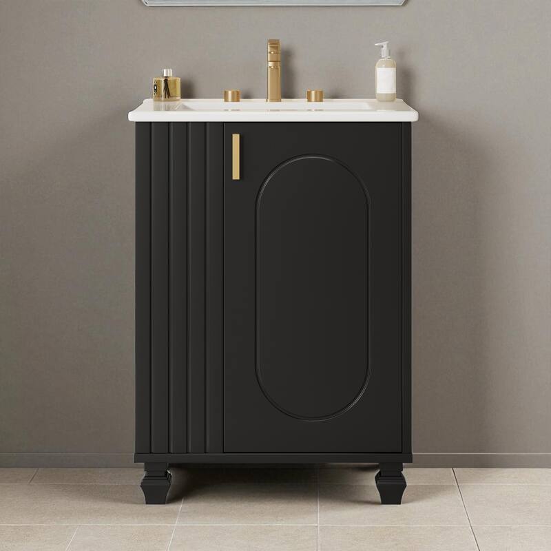 24" Bathroom Vanity with Ceramic Sink, Pine Wood Frame, Soft-Close Door & Side Open Storage - Black