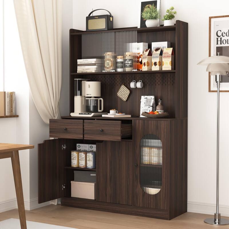 71" Tall Kitchen Pantry Cabinet with Reeded Glass Doors, Microwave Stand and Storage Shelves, Freestanding Bakers Rack Sideboard