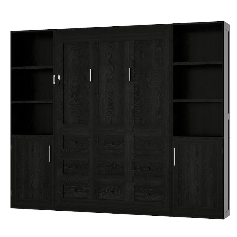 Queen Murphy Bed Wall Bed with Open Shelves and Enclosed Cabinets on Sides Multifunctional Space-Saving Solution for GUest Room