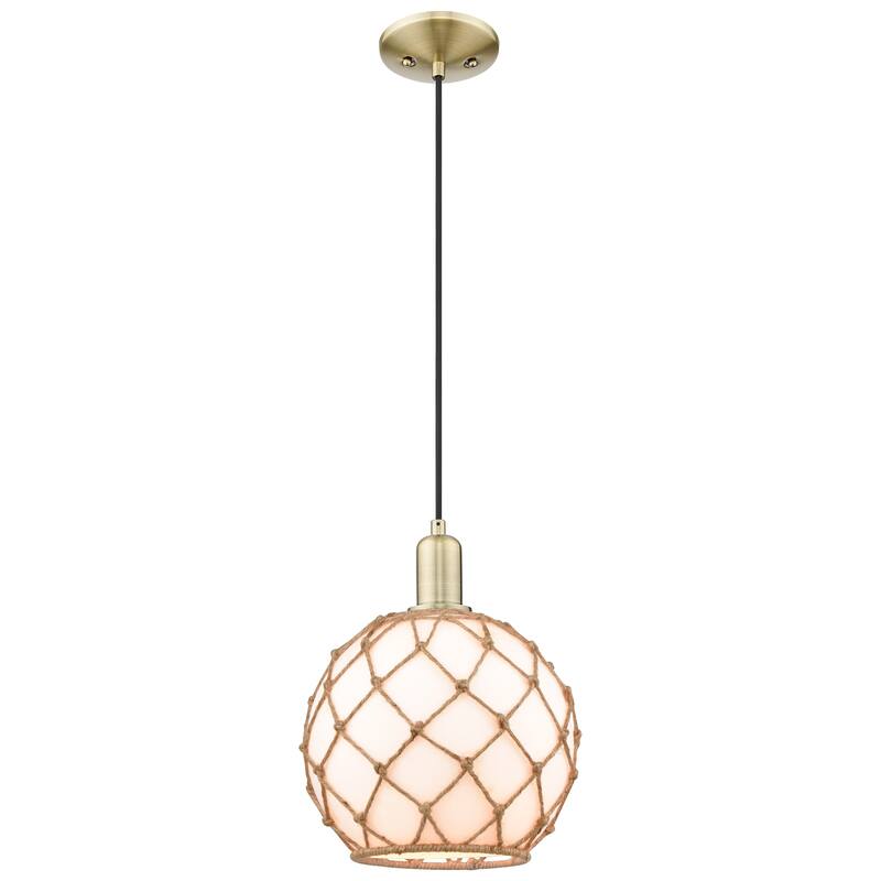 Innovations Lighting Endless Possibilities Arcadia - Farmhouse Rope - 1 Light 10" Cord Hung Mini Pendant - Antique Brass/White Glass with Brown Rope