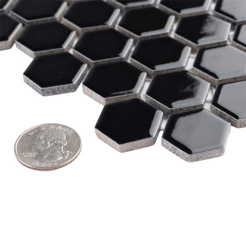 Merola Tile Metro 1" Hex Glossy Black 10-1/4"x11-7/8" Porcelain Mosaic Tile