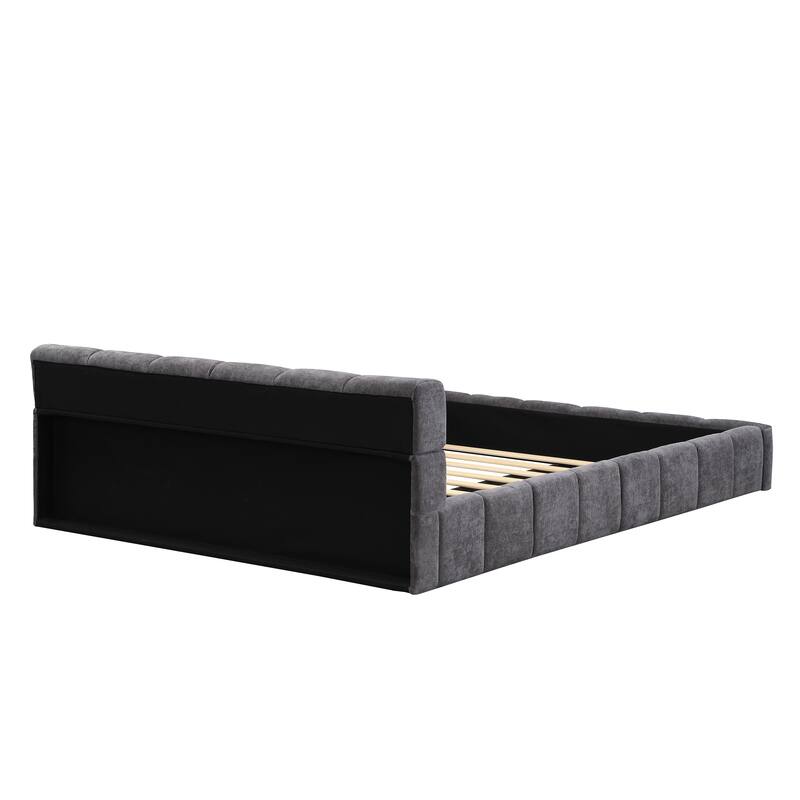 Elegant Chenille Checkerboard Grounding Bed Frame, Upholstered Platform Bed with Wood Slat Support, No Box Spring Needed