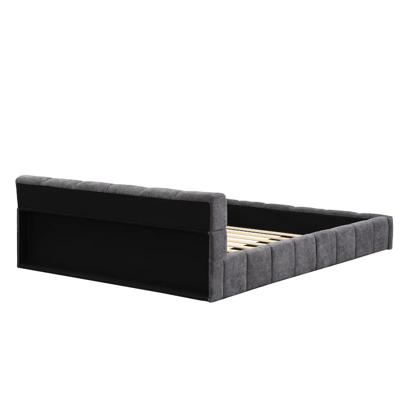 Elegant Chenille Upholstered Bed with Checkerboard Design, King/Queen Size Platform Frame