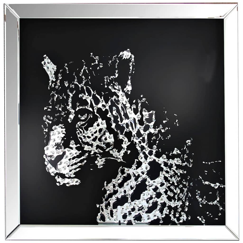 Square Shape Mirror framed Leopard Wall Dï¿½cor With Crystal Inlays, Black & Silver