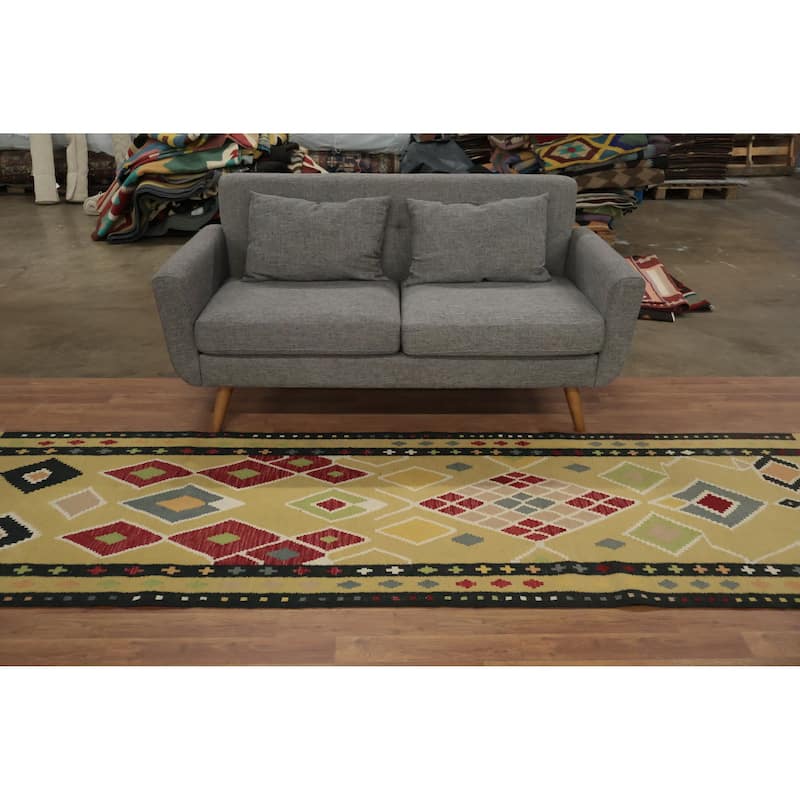 Hand Woven Oriental 100% Wool Carpet Southwestern Modern Yellow & Gold Kilim Runner Rug - 9' 10'' X 3' 0''