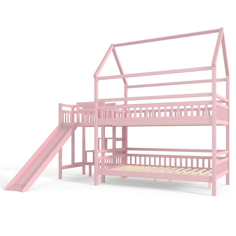 House-shaped Bunk Bed Playful Kids Bed Frame with Storage Stairs, Slide and 2 Placement Methods for Boys and Girls