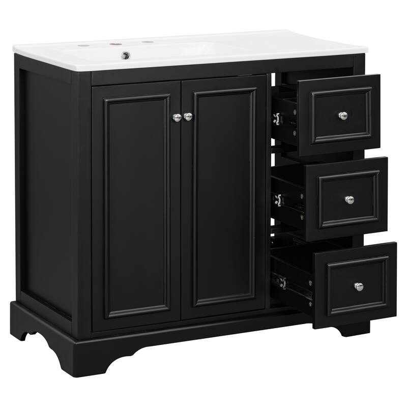 GDFStudio - Maple Modern Freestanding Bathroom Vanity with Ceramic Sink, Soft Close Door and Multi Drawer Storage