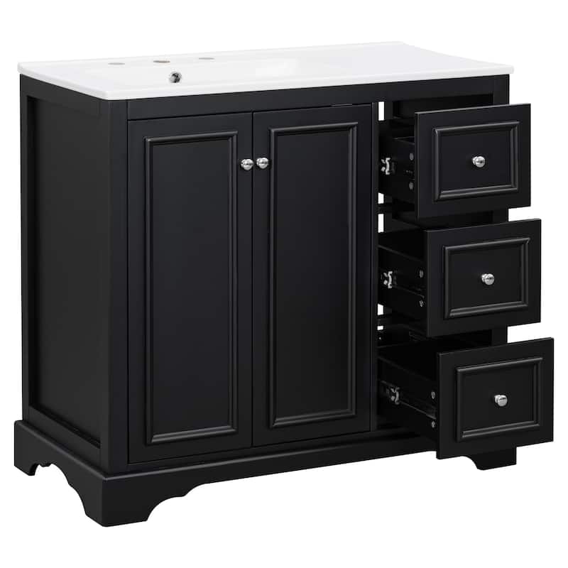 Roomfitters 36" Transitional Bathroom Vanity with Ceramic Sink, 2 Soft-Close Doors, Adjustable Shelf and 3 Drawers