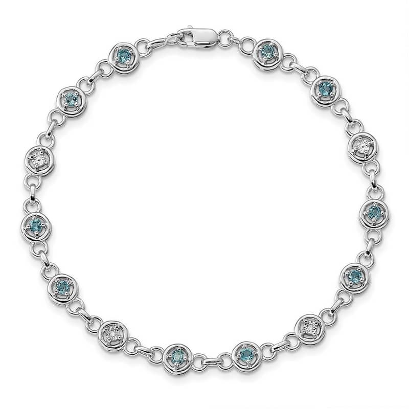 Curata 925 Sterling Silver Polished Lobster Claw Closure Blue Topaz and Diamond Bracelet