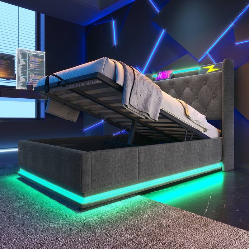 Upholstered Platform Bed with 360 Surround LED Function and USB Type-C Charging