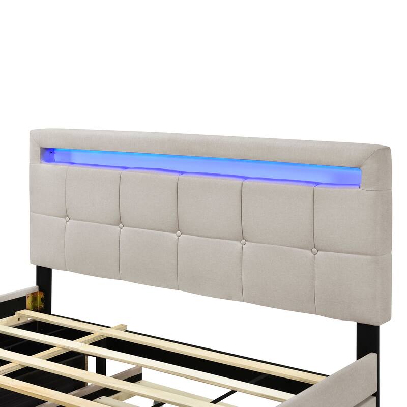Queen Size Linen Upholstered Platform Bed with Twin XL Trundle and 2 Drawers Wood Storage Bed Frame with LED & Tufted Headboard