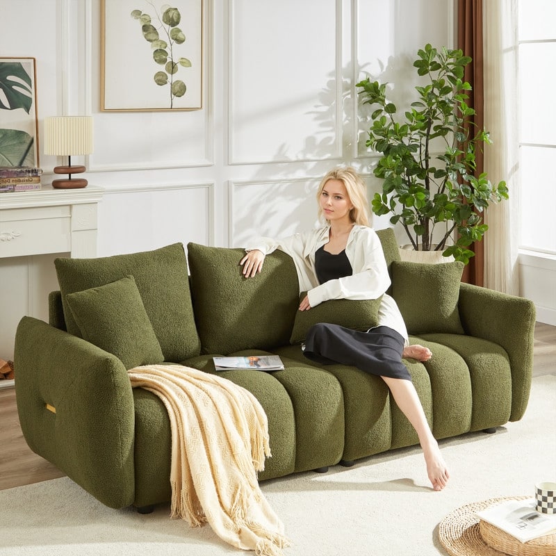 82" Plush Teddy Fabric Sofa with Solid Wood Frame