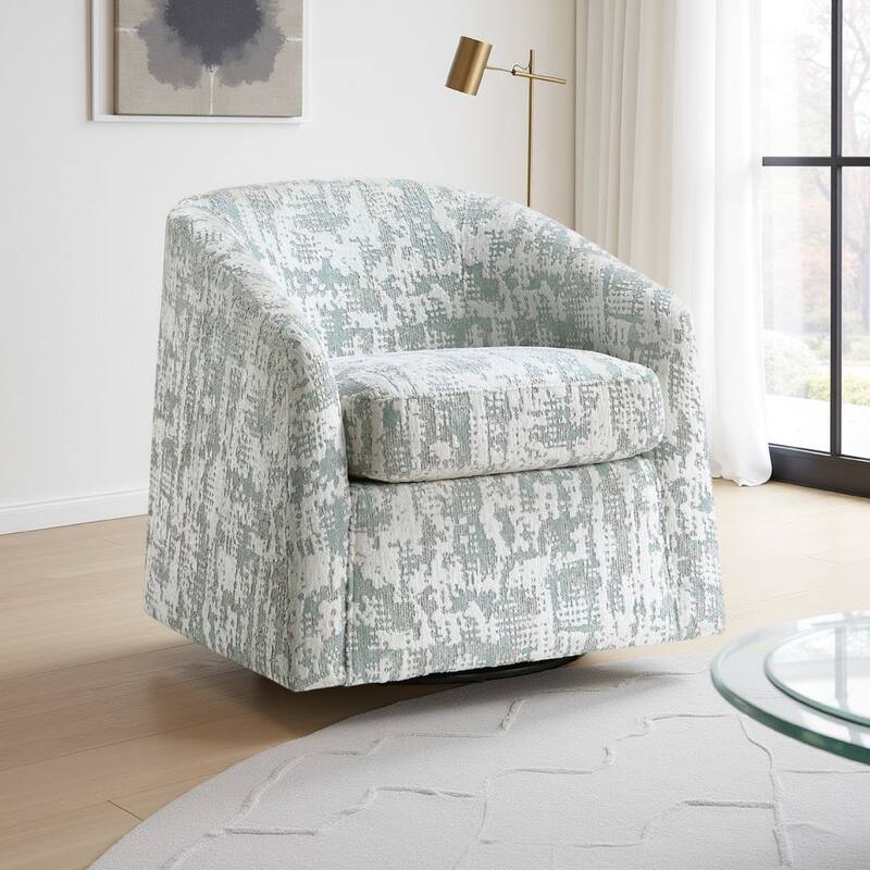 Swivel Armchair, Green Jacquard Fabric, Curved Foam Cushions