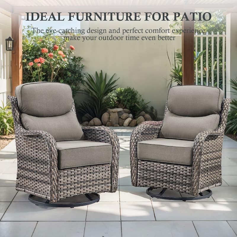 Arcadia 3-Piece Wicker Patio Swivel Glider Chairs with 6-Inch Thick Cushions and Side Table