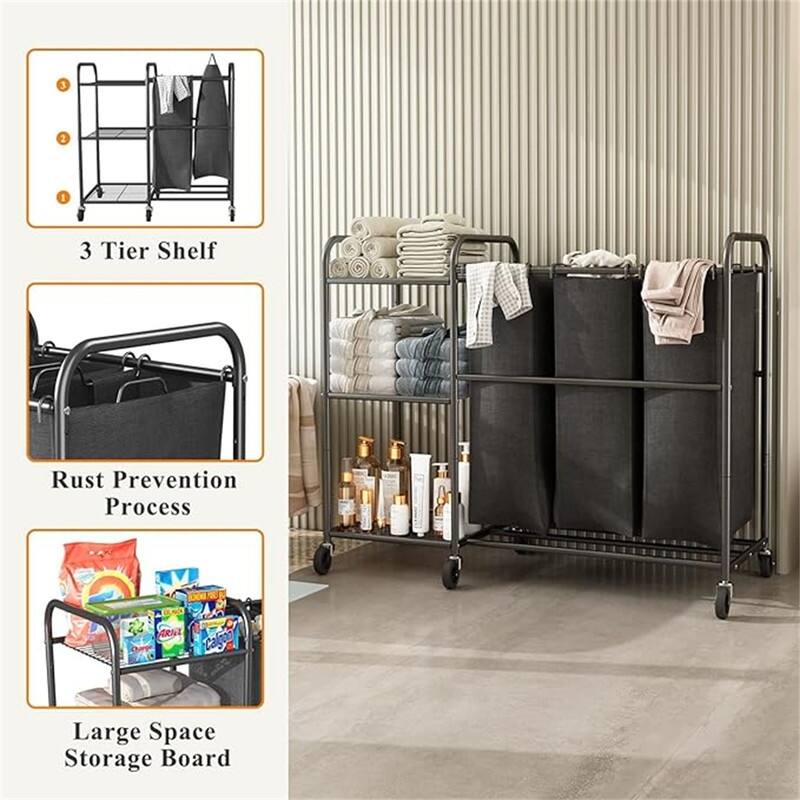 Star 3 Bag Laundry Sorter Cart with Storage Shelf, Laundry Hamper Sorter with Rolling - 23.8"L x 33.46"W x 43.3"H