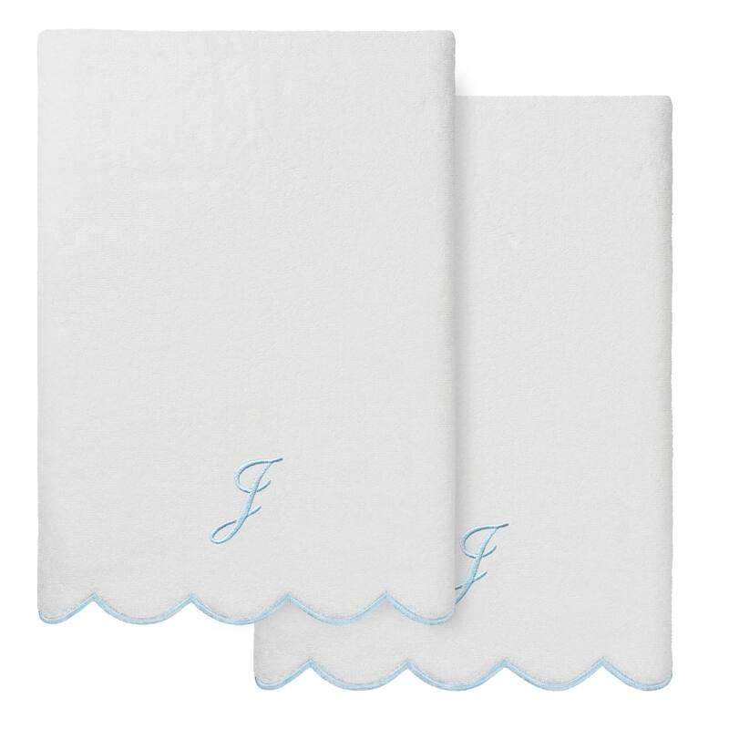 Authentic Hotel and Spa 100% Turkish Cotton Blue ADORNIA Scallop Personalized 2 Piece Bath Towel Set - 2 Bath Towels - J