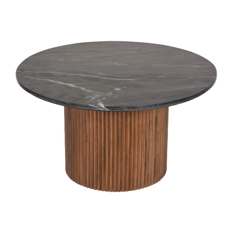 Sagebrook Home Mango Wood & Marble Accent Table with Reeded Base, MDF Support, and Contemporary Cylinder Design - Black Marble Coffee Table - 34"x34"x18"