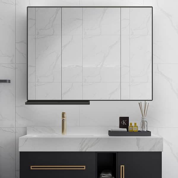 JASIWAY 40x30 Inch Rectangular Black Bathroom Mirror With Storage Rack