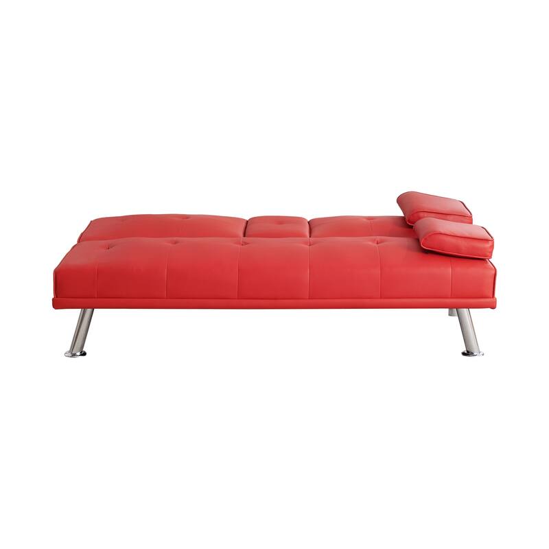 Roomfitters 67-Inch Red Faux Leather Convertible Futon Sofa Bed, Modern Sleeper Couch with Cup Holders for Small Spaces