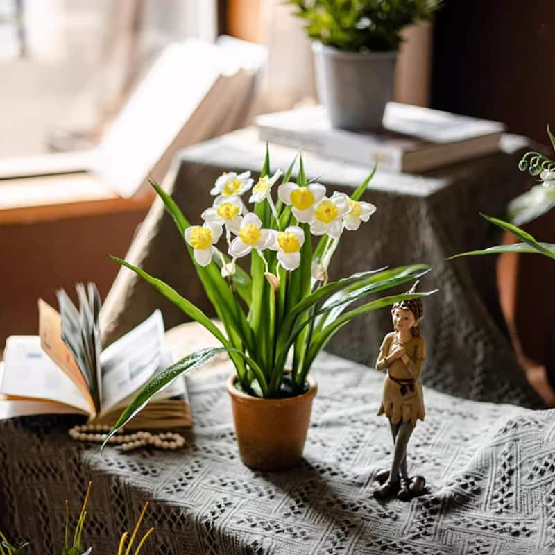 RusticReach Faux Daffodil in Brown Pot - White