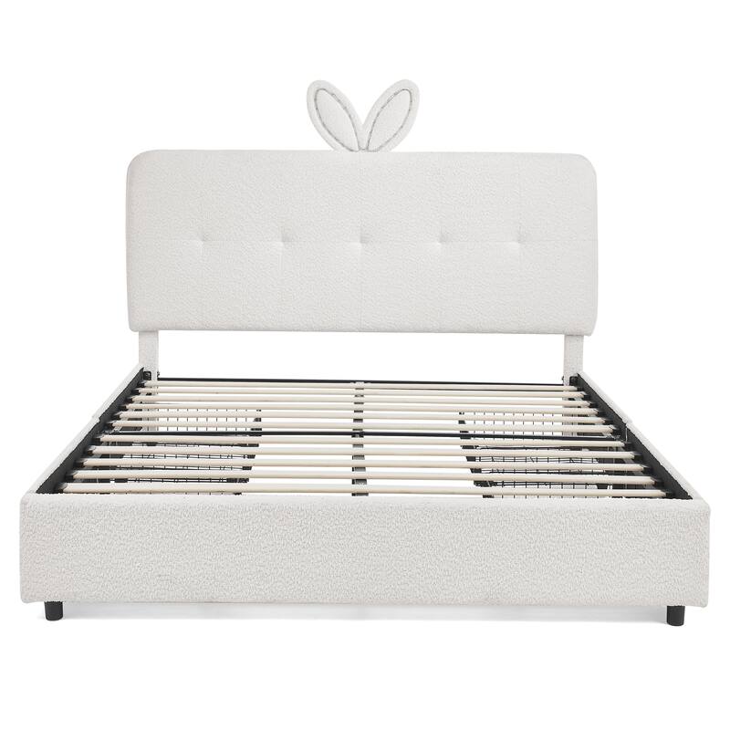 Kids Boucle Upholstered Bed with Rabbit Ear Headboard, LED Music Sync & 4 Drawers