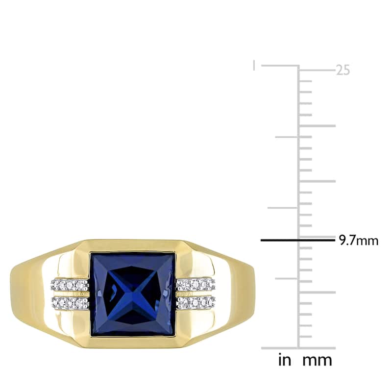 Miadora 3 CT TGW Square Created Blue Sapphire and Diamond Accent Mens Ring in 10k Yellow Gold