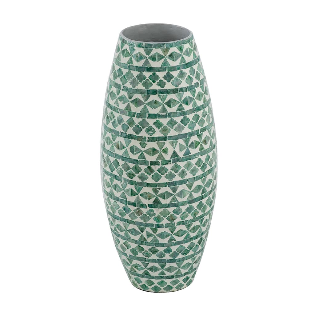 Kane Decorative Vase, Geometric Patterns, Green-White Capiz Inlay 20 Inch